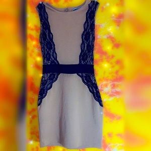 Nude BodyCon Business Casual Dress with added Black Floral Lace on each side.